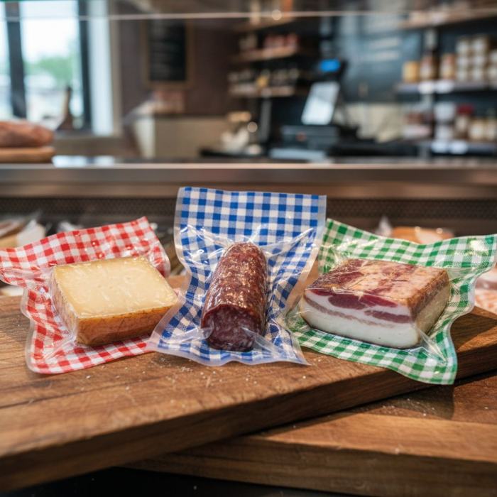 Siegelrandbeutel glatt, blau kariert 16,5x21,0cm PA/PE Folie 90my